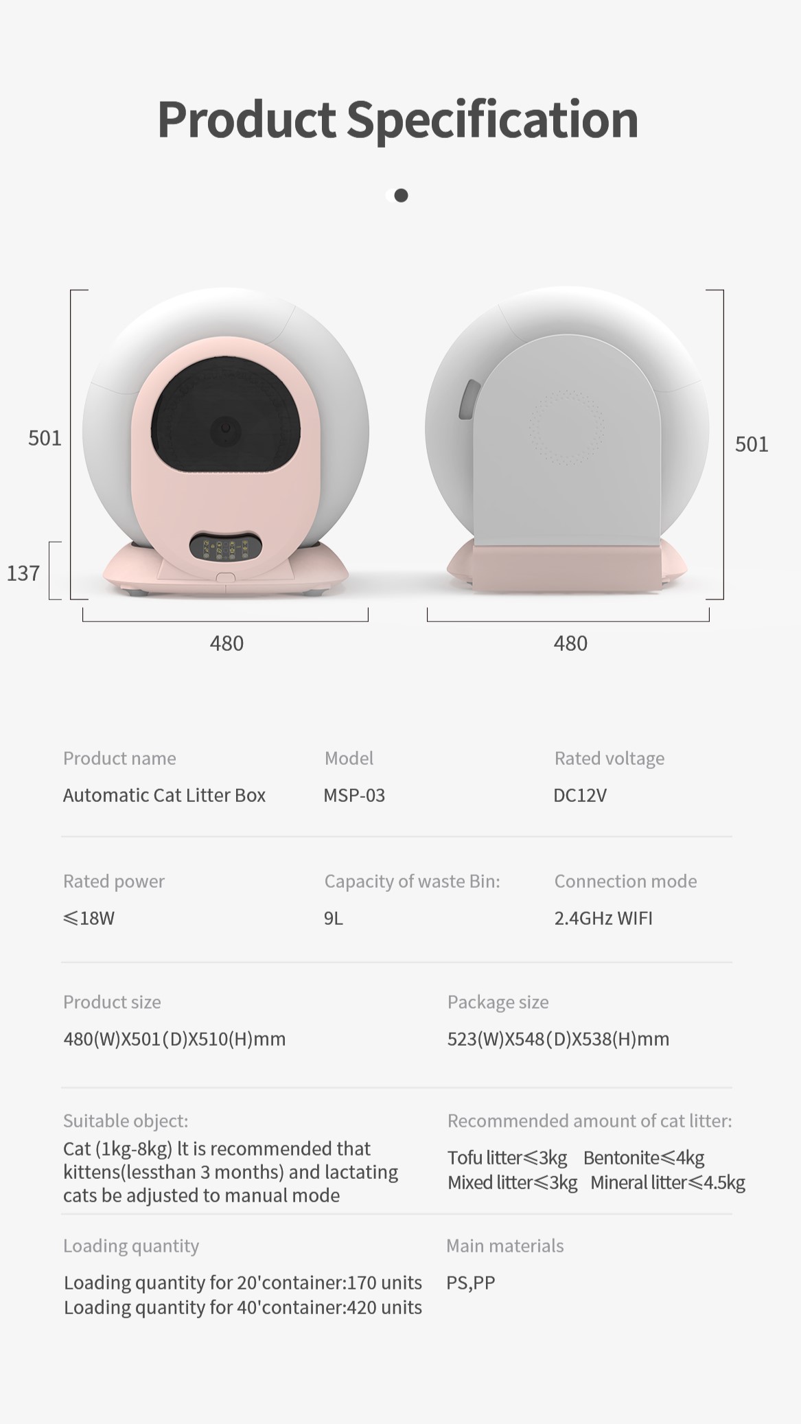 Litter box size specification information